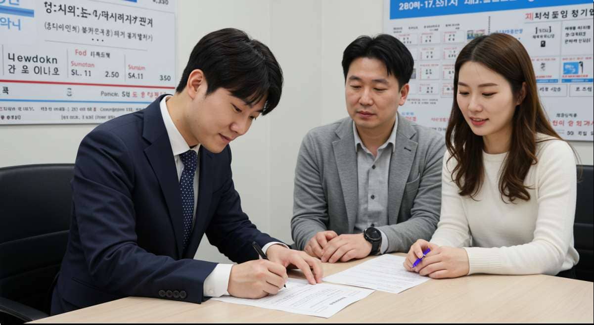 2025 전세 사기 예방을 위한 HUG 보증보험 가입 하는 젊은 부부 모습