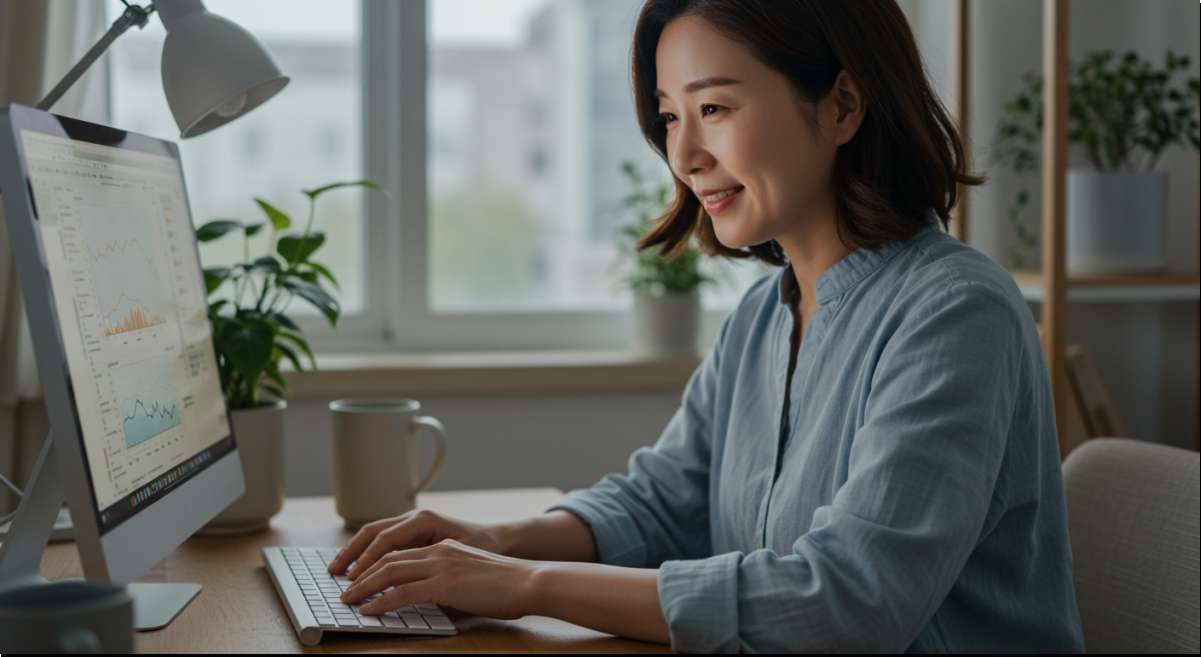2025년 근로 자녀장려금 지급일, 컴퓨터로 정부 정책을 검색하는 가정 주부 사진